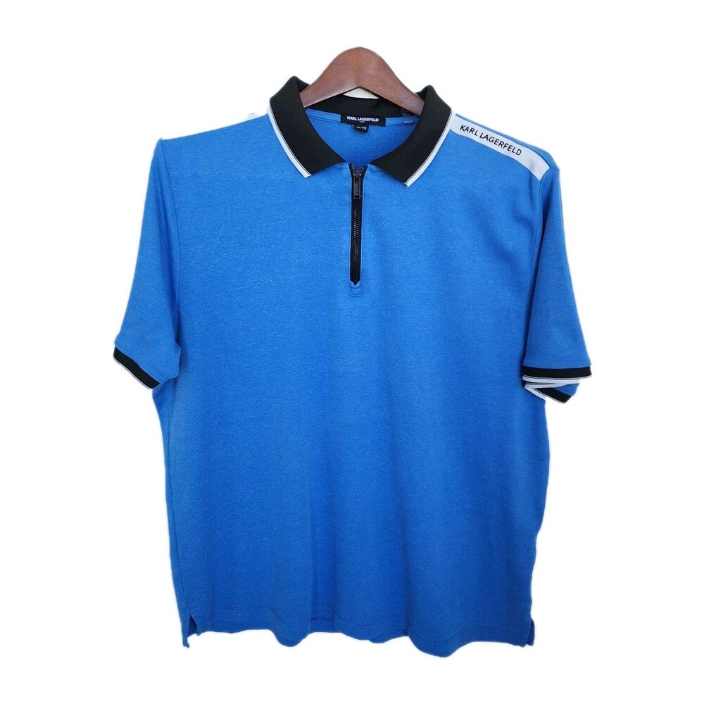 Karl Lagerfeld Paris Men's XXL Blue Quarter-Zip Polo Shirt Logo Shoulder Tape